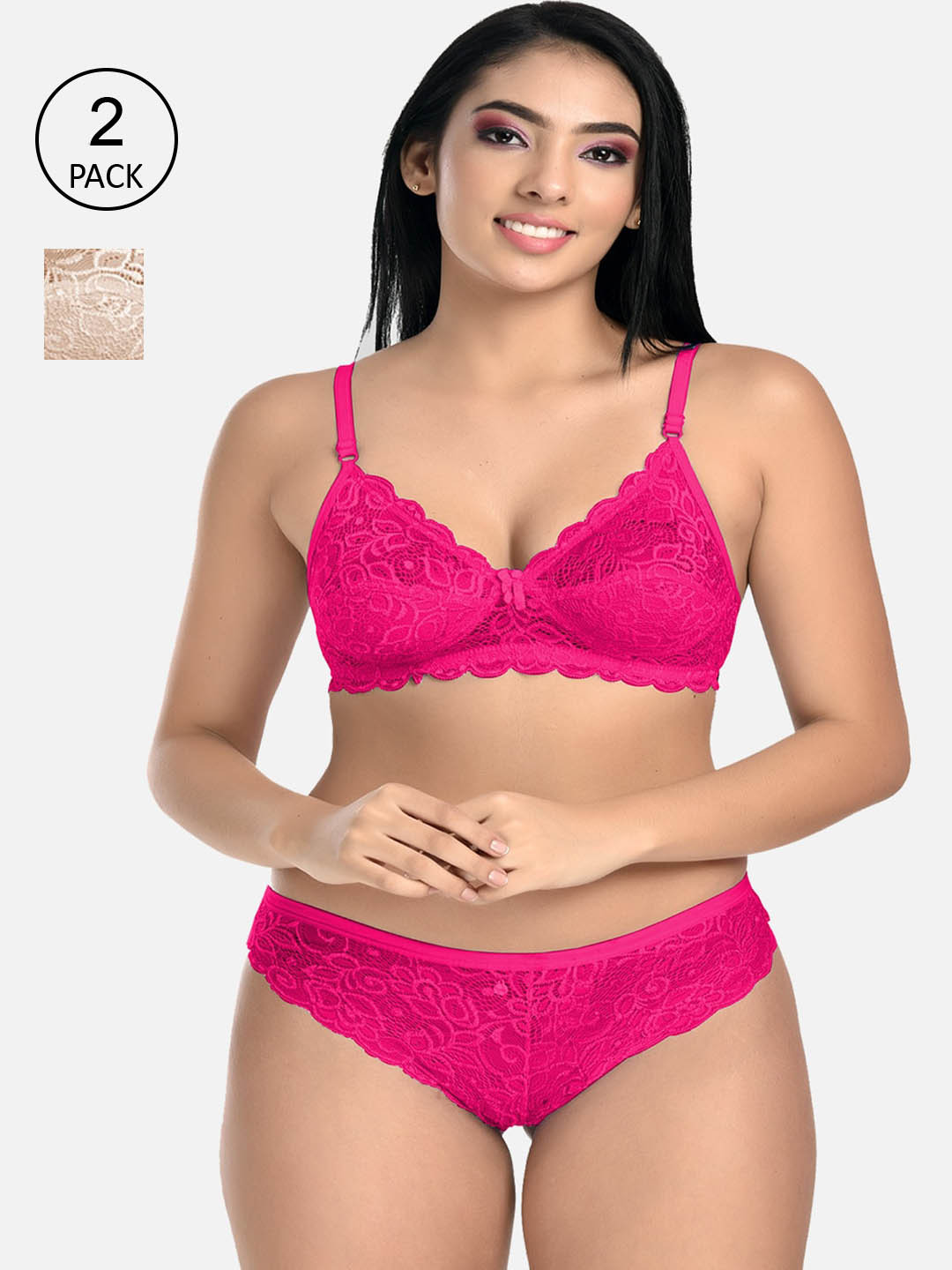 

StyFun Women Pack Of 2 Pink & Beige Solid Net Lingerie Set S_Rimjhim_Set_PinkBeige_B