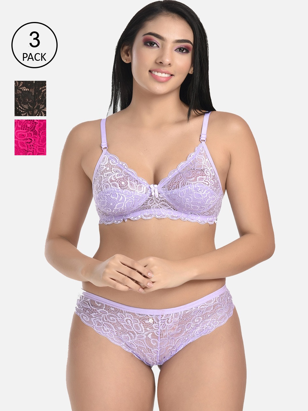 

StyFun Set Of 3 Self-Design Lace Lingerie Set, Purple