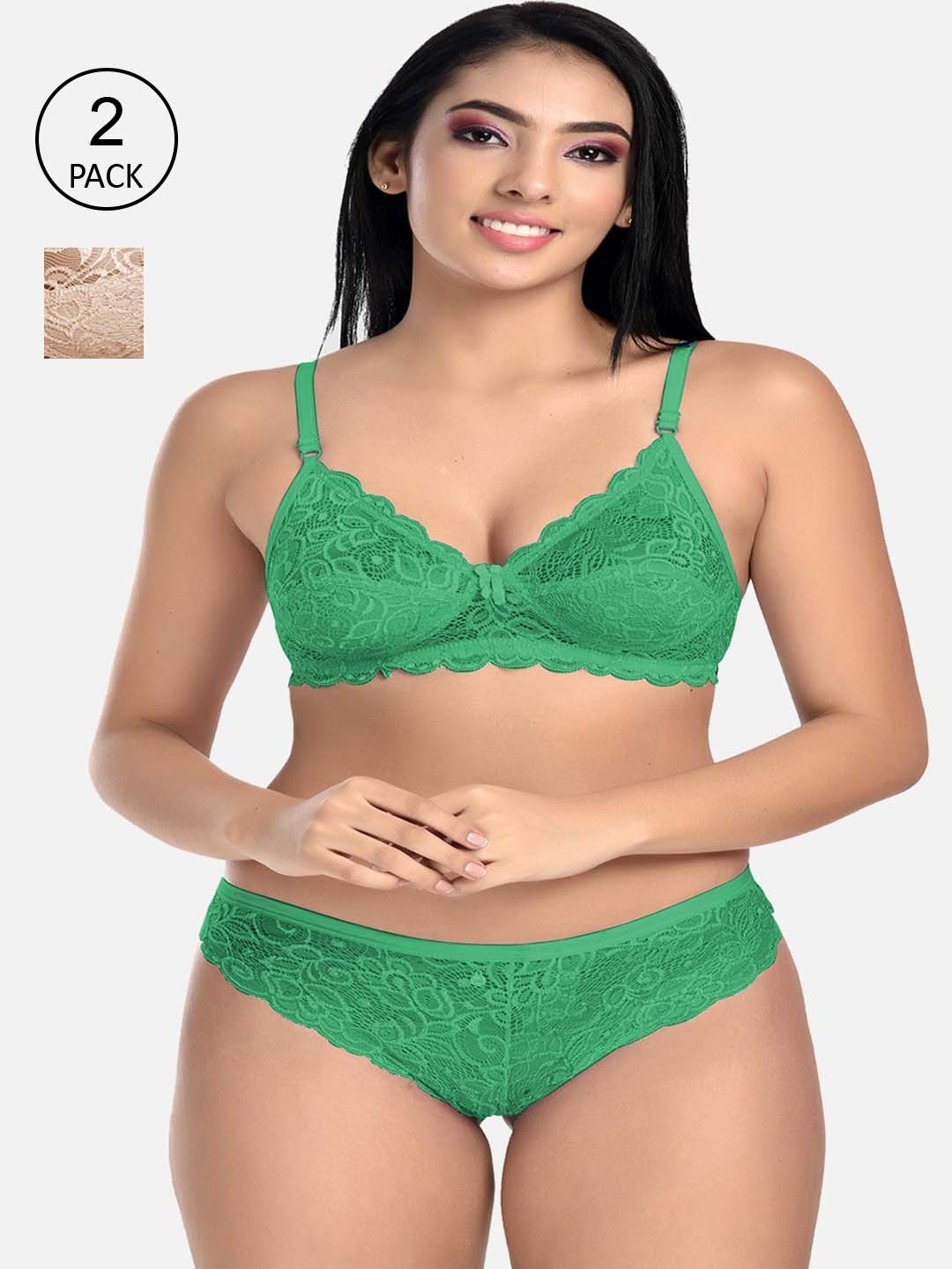 

StyFun Women Pack Of 2 Self Design Lingerie Set S_Rimjhim_Set_GreenBeige_B, Green