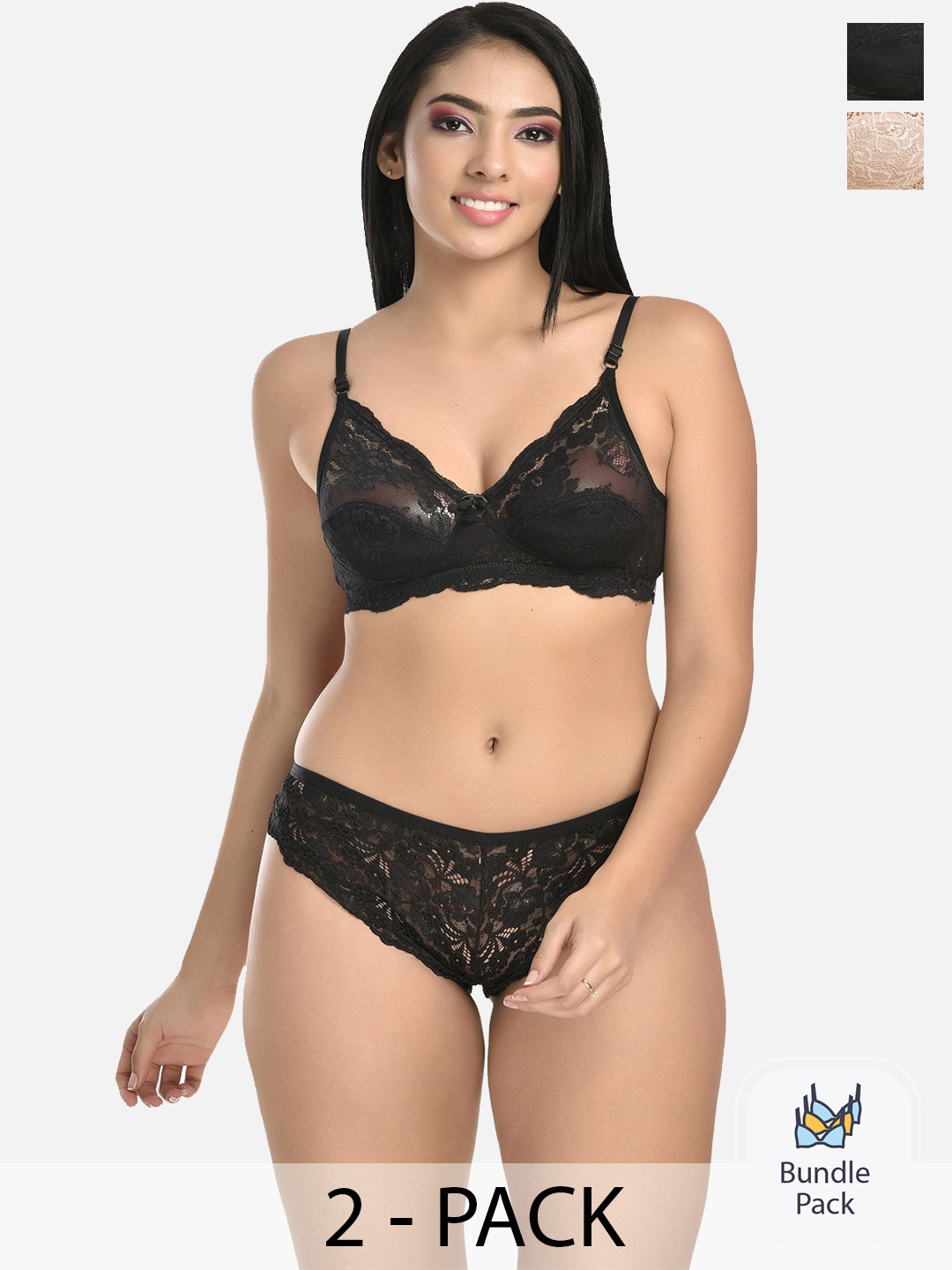 

StyFun Women Pack of 2 Self Design Lace Lingerie Set S_Rimjhim_Set_ BlackBeige_B, Black