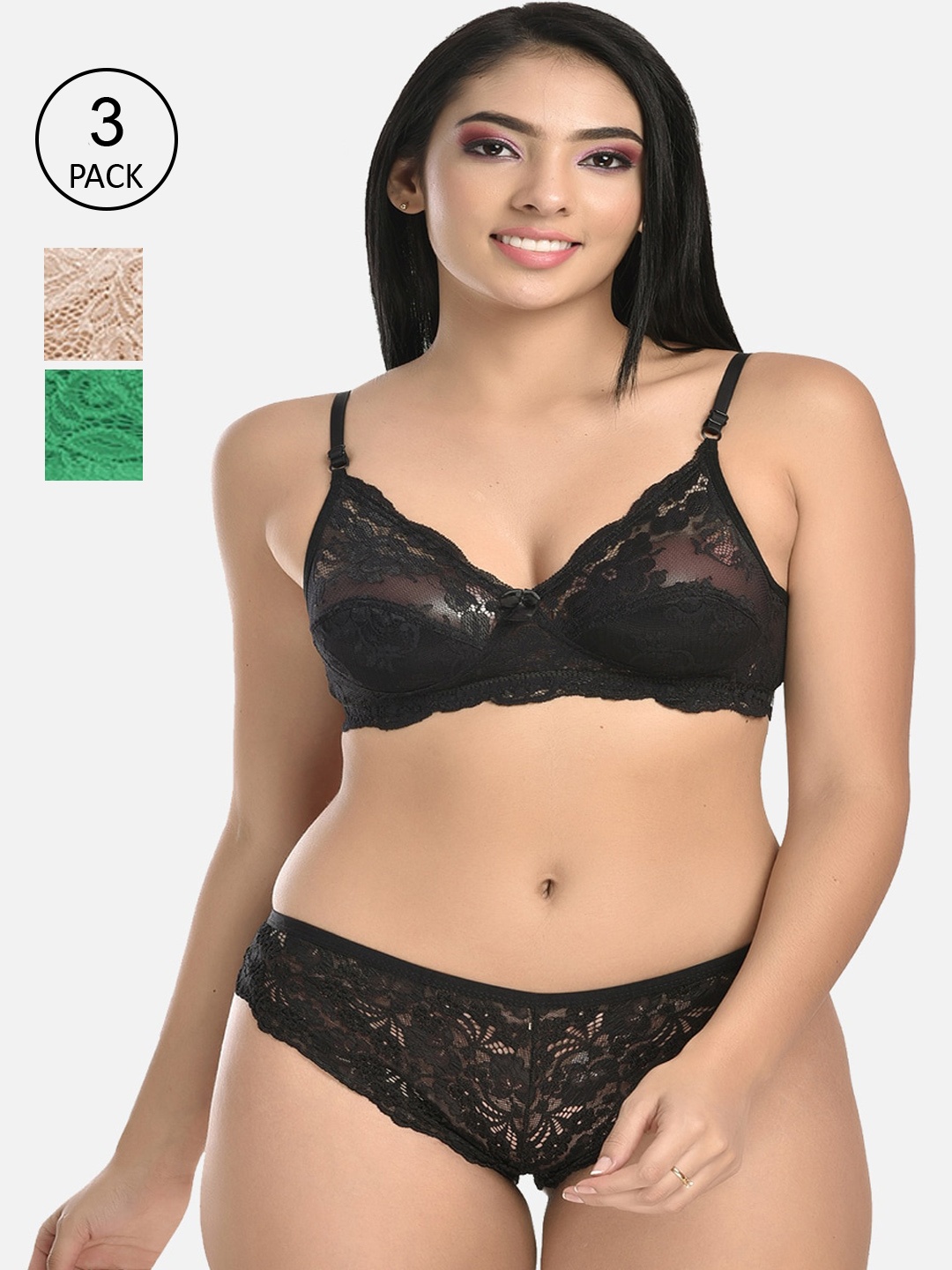 StyFun Women Pack Of 3 Self Design Lingerie Set S_Rimjhim_Set_BeigeGreenBlack_B, Beige
