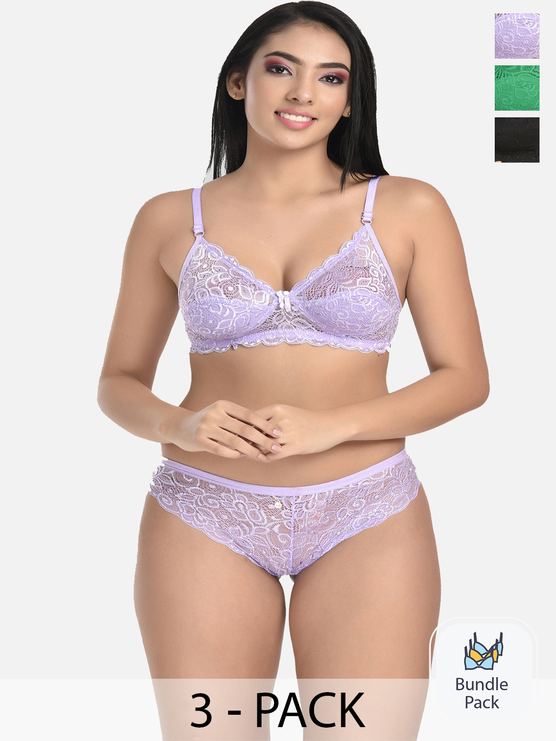 

StyFun Pack of 3 Green, Purple & Black Lycra Net Lingerie Set