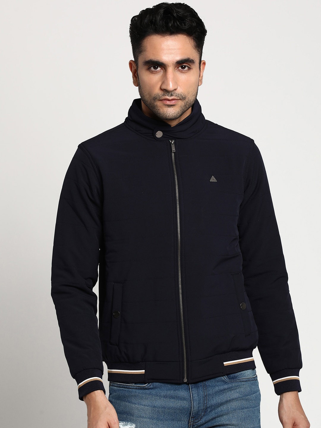 

Turtle Men Navy Blue Striped Windcheater Outdoor Bomber Jacket