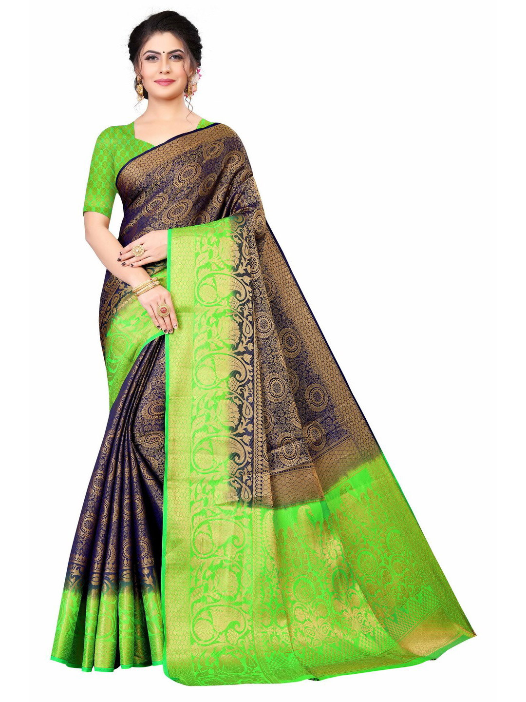 

MOKSHA DESIGNS Navy Blue & Green Woven Design Zari Pure Silk Banarasi Saree