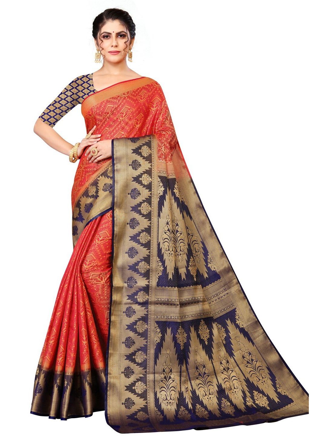 

MOKSHA DESIGNS Red & Navy Blue Woven Design Zari Pure Silk Banarasi Saree