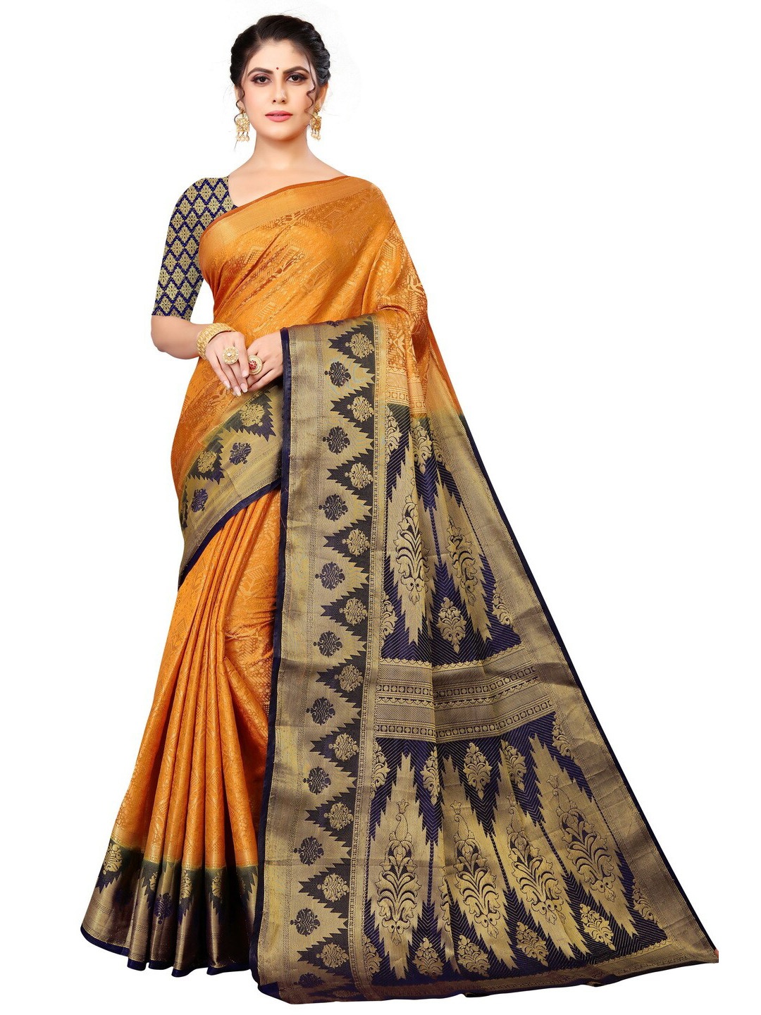 

MOKSHA DESIGNS Gold-Toned & Navy Blue Woven Design Zari Pure Silk Banarasi Saree