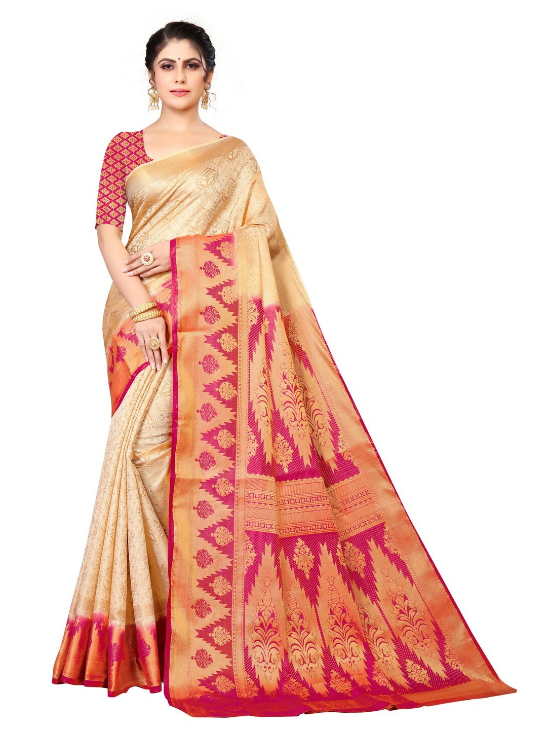

MOKSHA DESIGNS Off White & Red Woven Design Zari Pure Silk Banarasi Saree