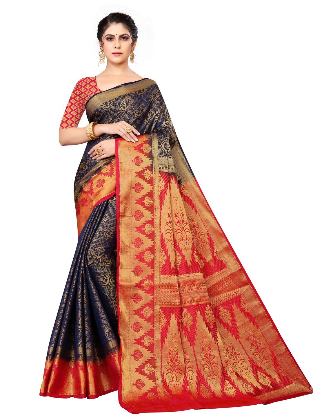 

MOKSHA DESIGNS Blue & Red Woven Design Zari Pure Silk Banarasi Saree