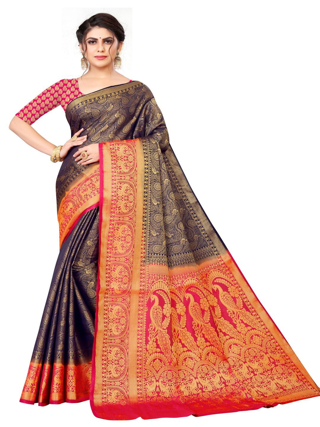 

MOKSHA DESIGNS Navy Blue & Red Woven Design Zari Pure Silk Banarasi Saree