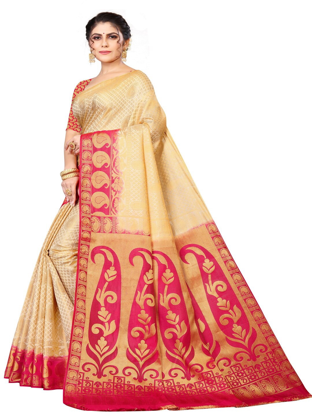 

MOKSHA DESIGNS Off White & Red Woven Design Zari Pure Silk Banarasi Saree