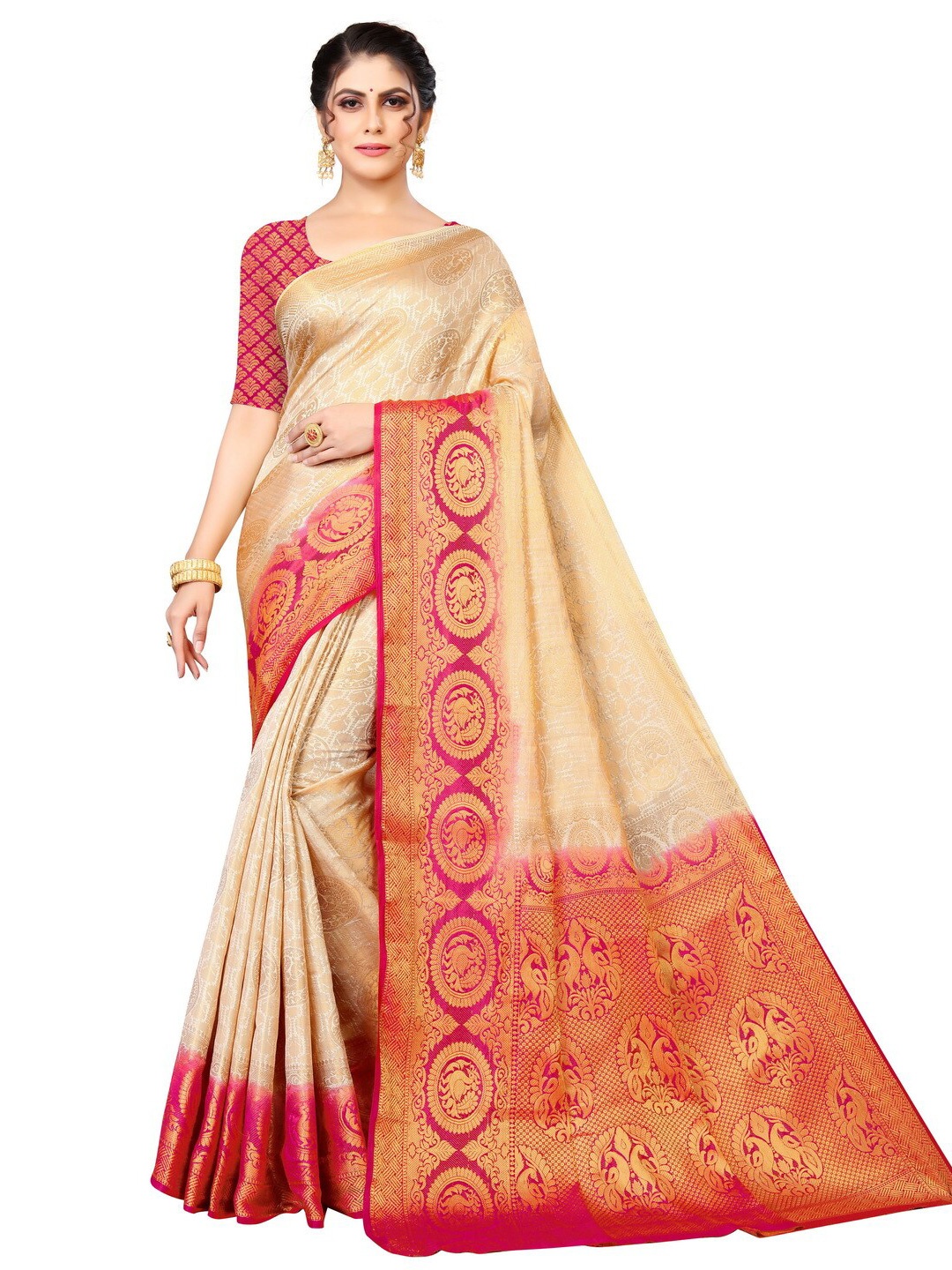 

MOKSHA DESIGNS Off White & Red Woven Design Zari Pure Silk Banarasi Saree