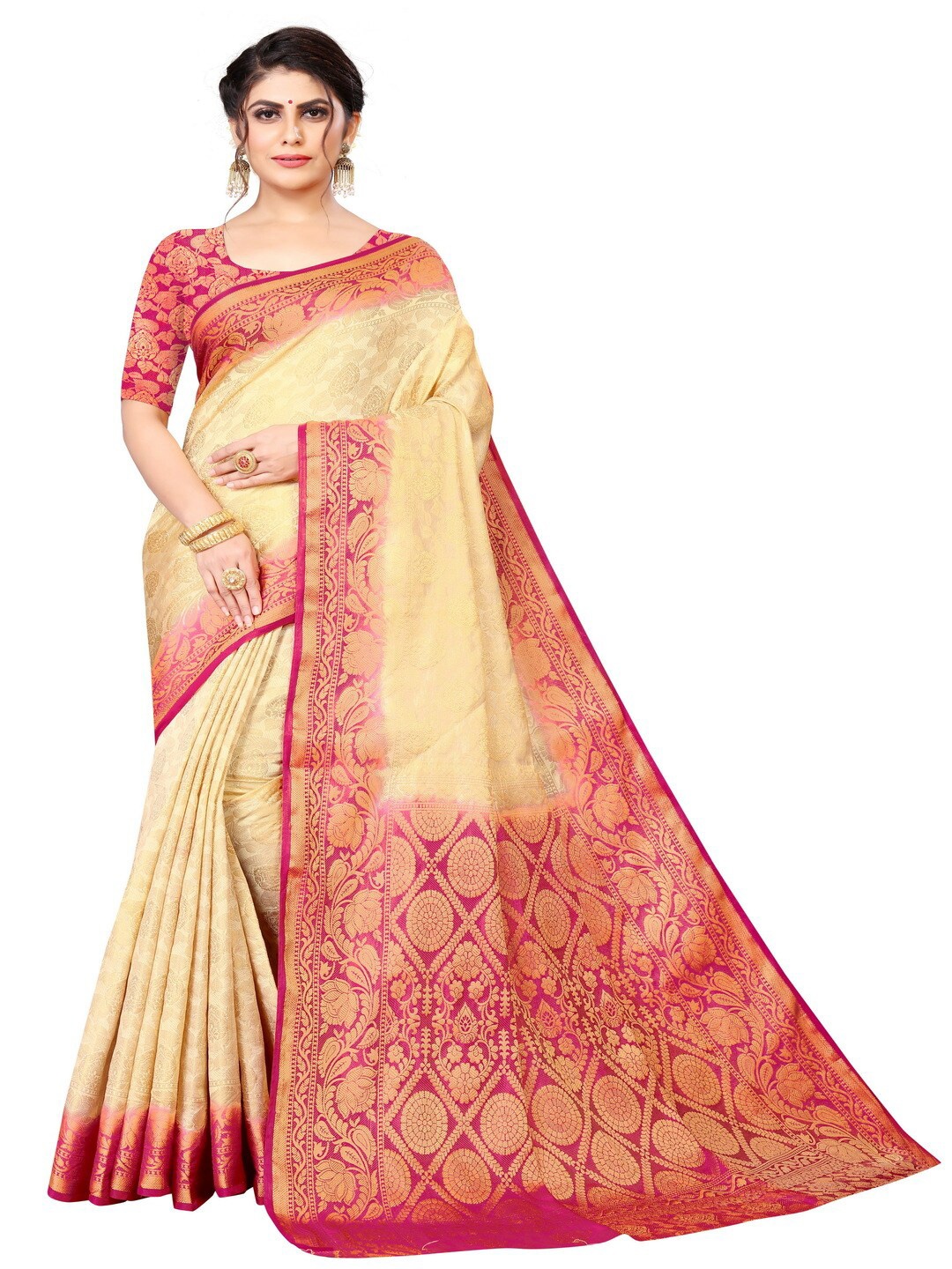 

MOKSHA DESIGNS Off White & Pink Woven Design Zari Pure Silk Banarasi Saree