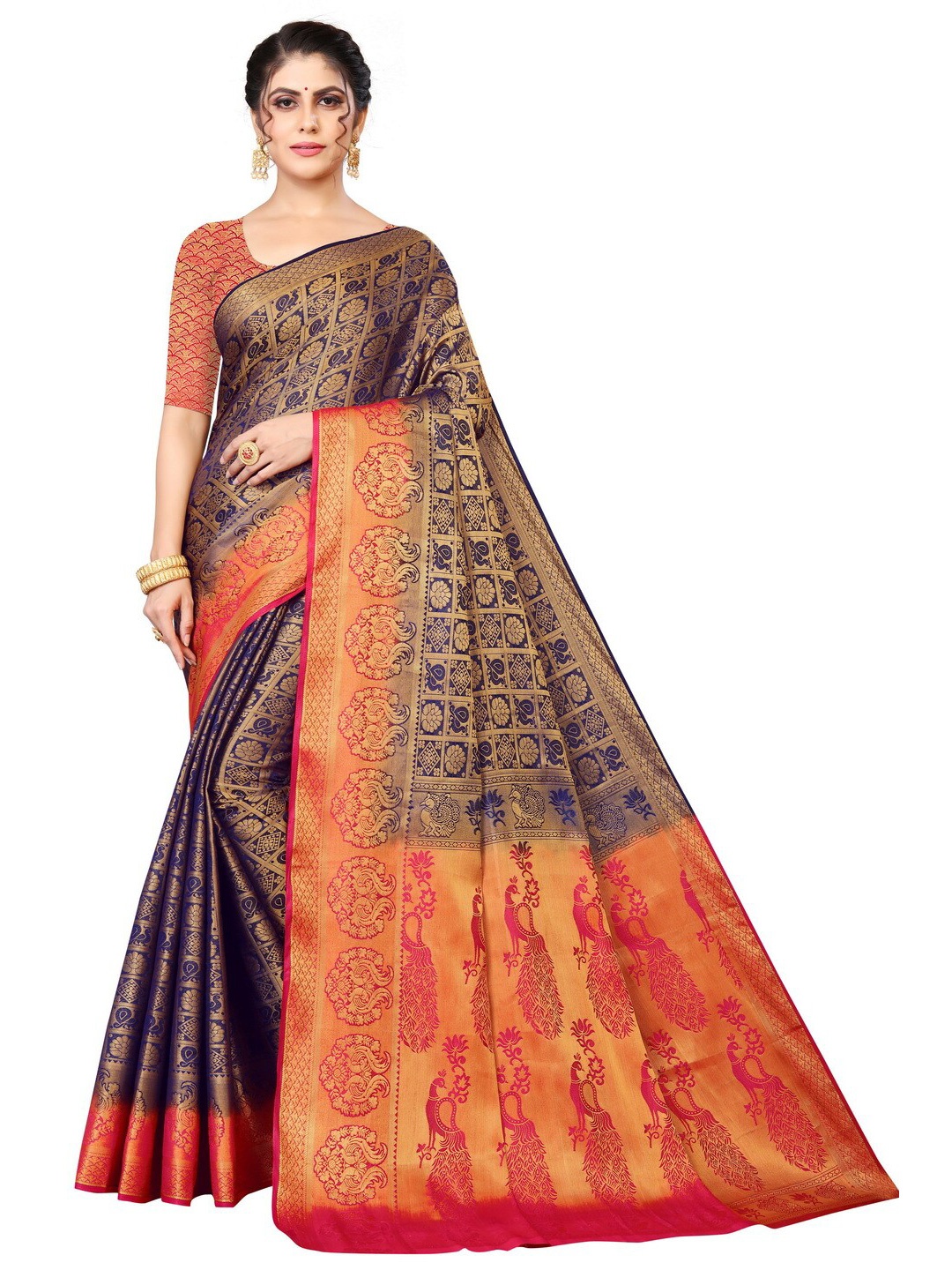 

MOKSHA DESIGNS Navy Blue & Red Woven Design Zari Pure Silk Banarasi Saree