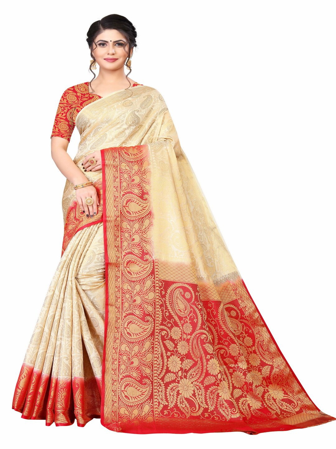 

MOKSHA DESIGNS Off White & Red Woven Design Zari Pure Silk Banarasi Saree