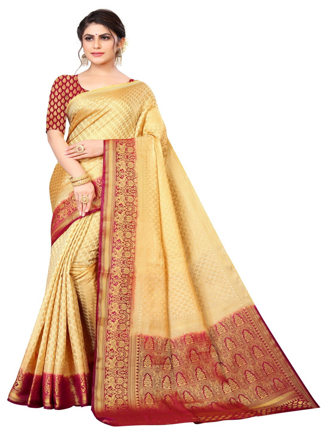 

MOKSHA DESIGNS Off White & Red Woven Design Zari Pure Silk Banarasi Saree