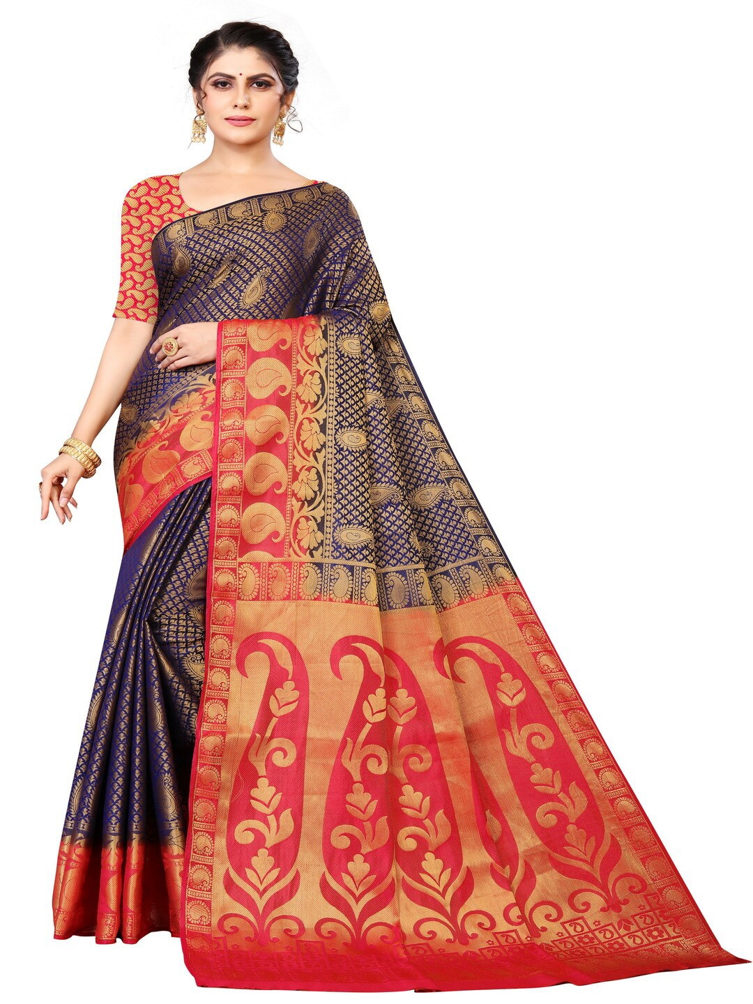 

MOKSHA DESIGNS Navy Blue & Red Woven Design Zari Pure Silk Banarasi Saree