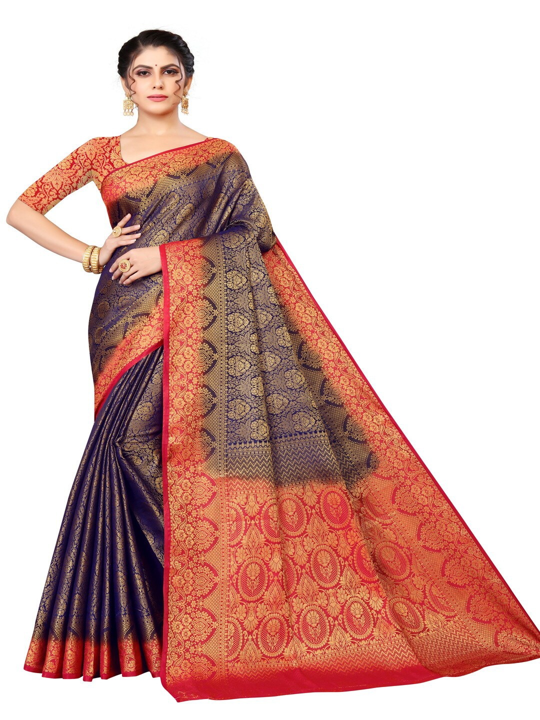 

MOKSHA DESIGNS Navy Blue & Red Woven Design Zari Pure Silk Banarasi Saree