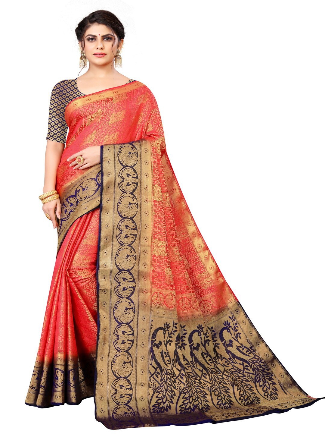 

MOKSHA DESIGNS Red & Navy Blue Ethnic Motifs Pure Silk Banarasi Saree