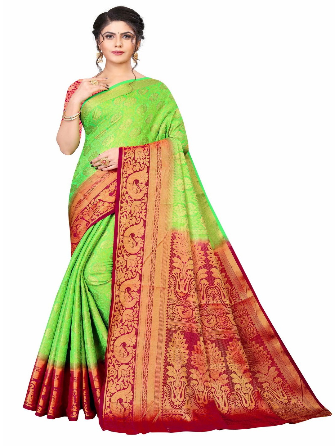 

MOKSHA DESIGNS Green & Red Woven Design Pure Silk Banarasi Saree