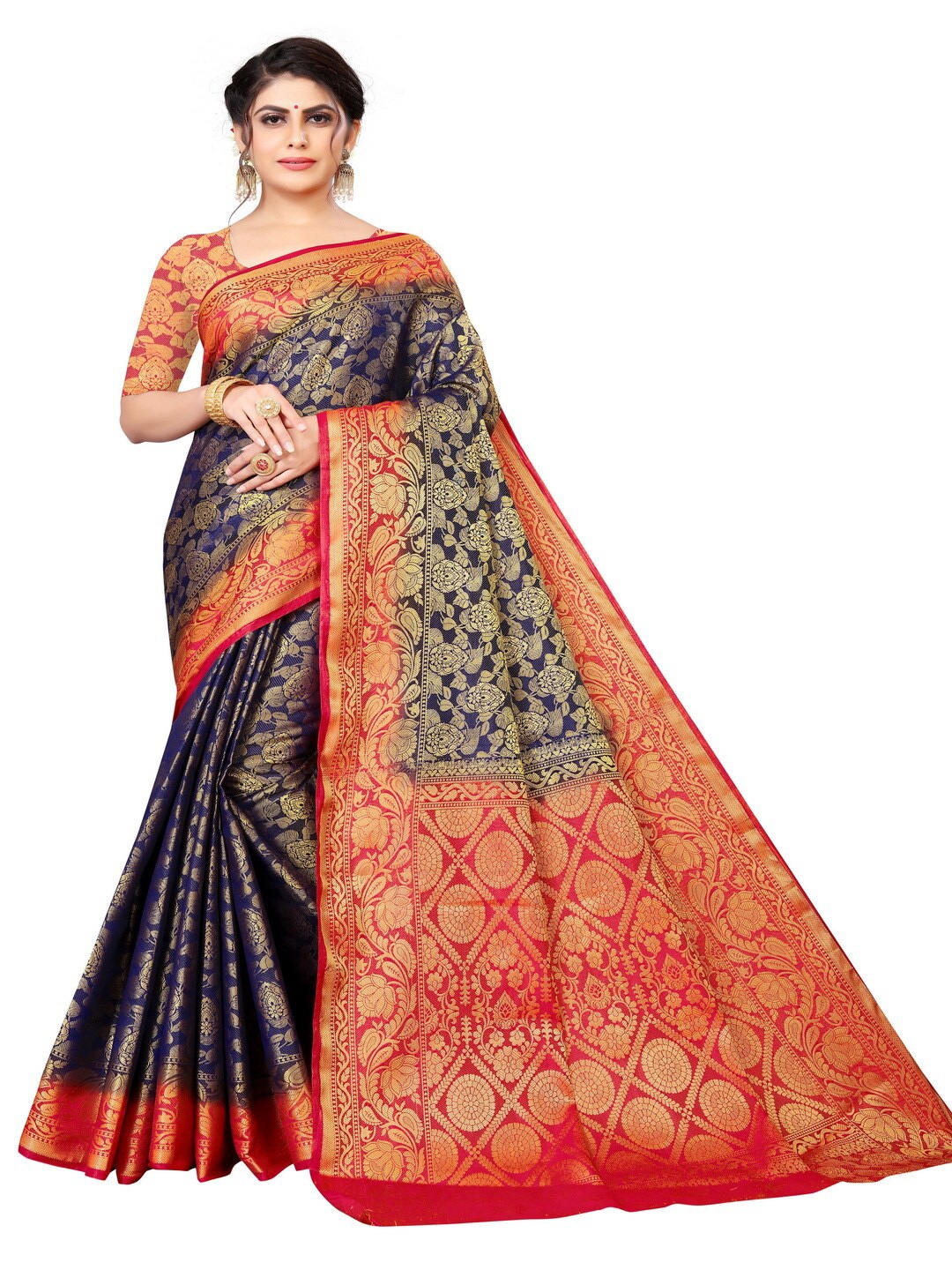 

MOKSHA DESIGNS Navy Blue & Red Woven Design Zari Pure Silk Banarasi Saree