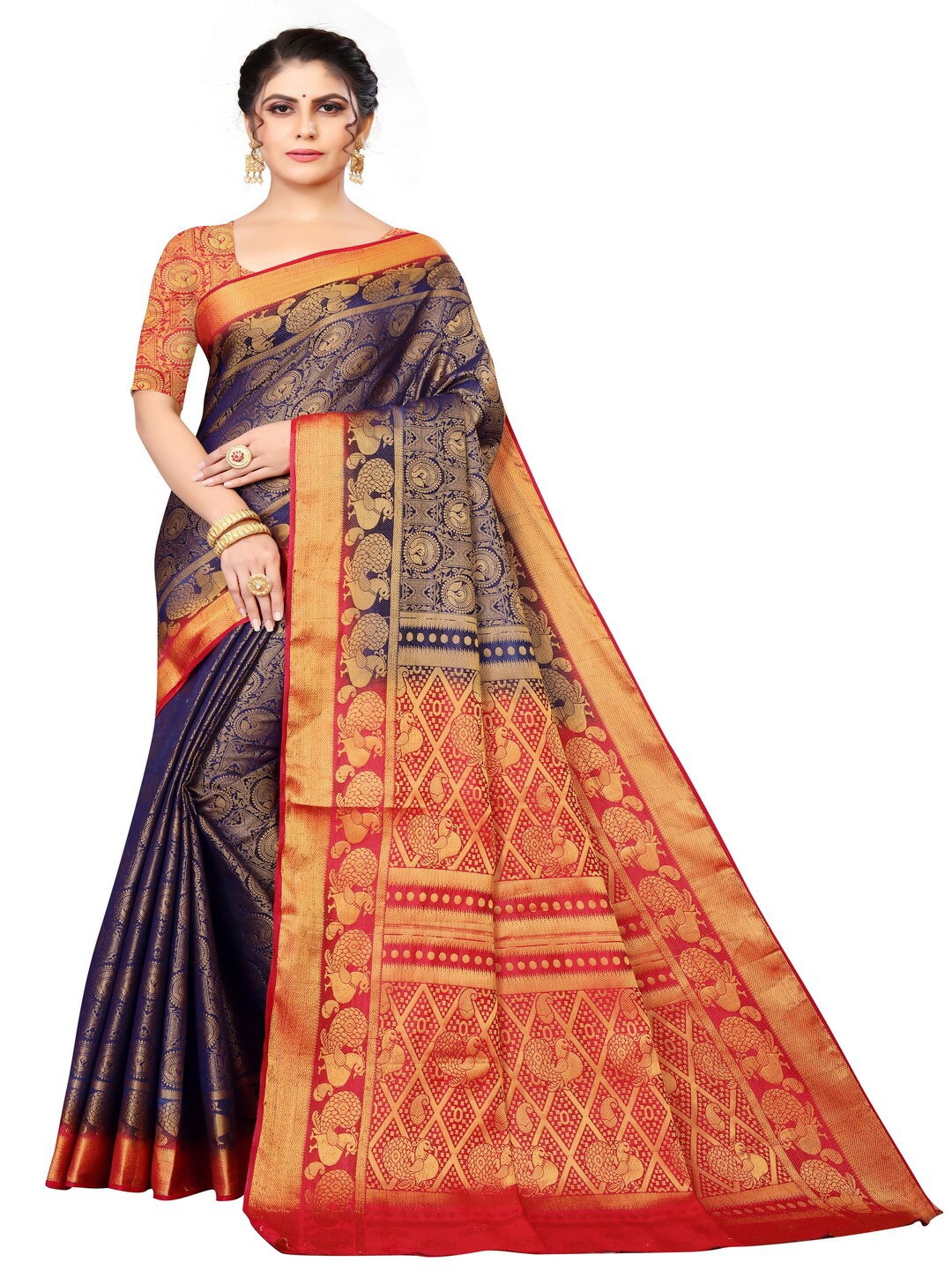 

MOKSHA DESIGNS Navy Blue & Red Woven Design Zari Pure Silk Banarasi Saree