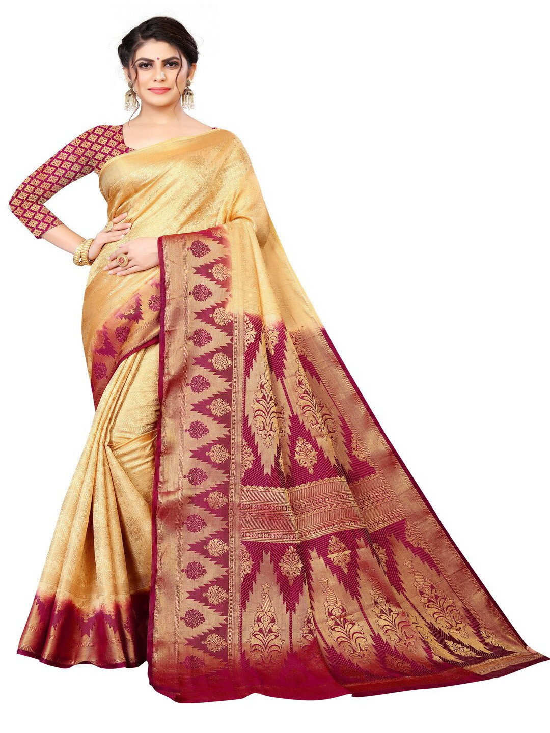 

MOKSHA DESIGNS Off White & Purple Ethnic Motifs Pure Silk Banarasi Saree