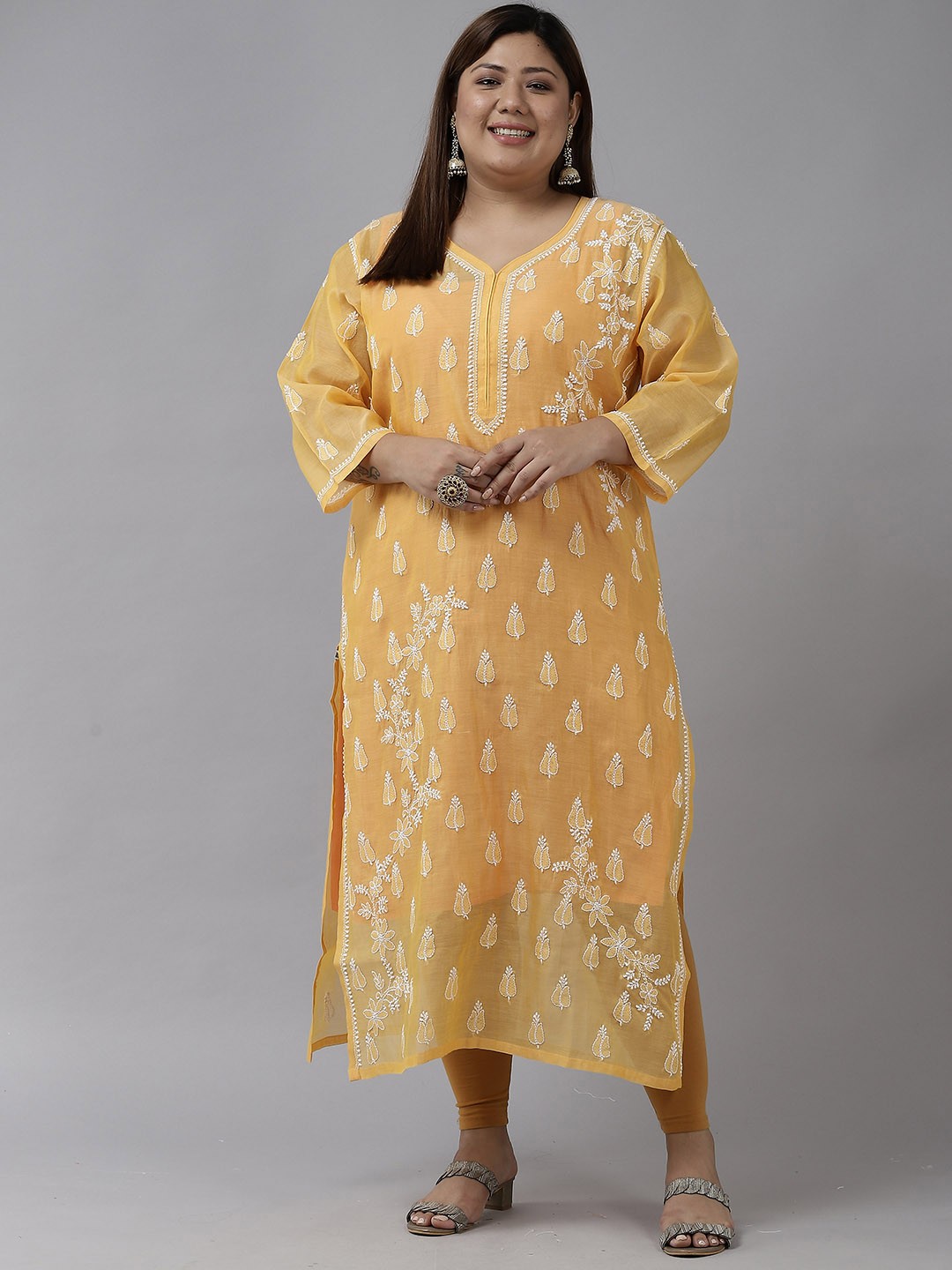 

ADA Women Yellow & White Ethnic Motifs Plus Size Chikankari Kurta