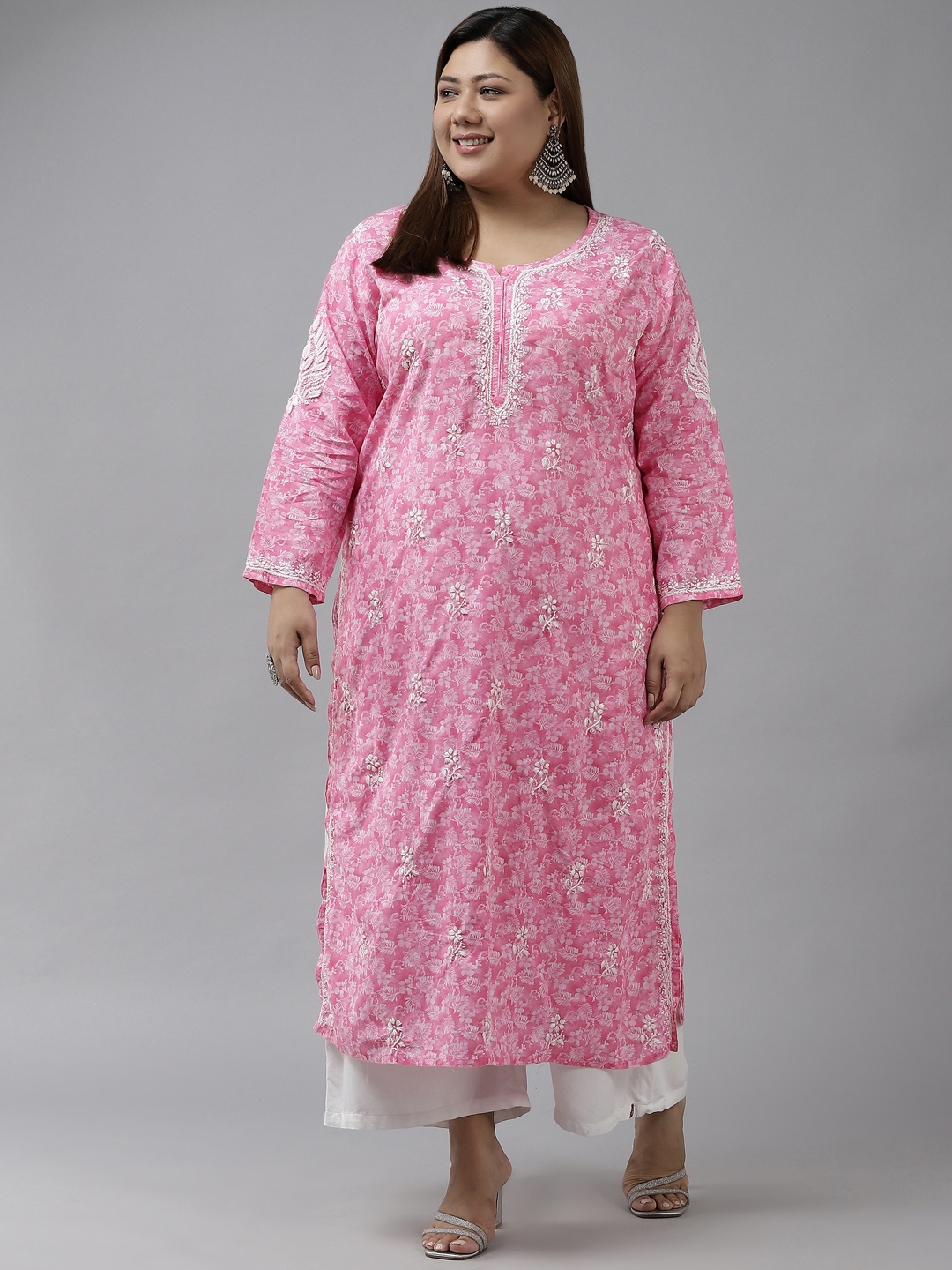 

ADA Women Pink & White Floral Embroidered Plus Size Chikankari Kurta