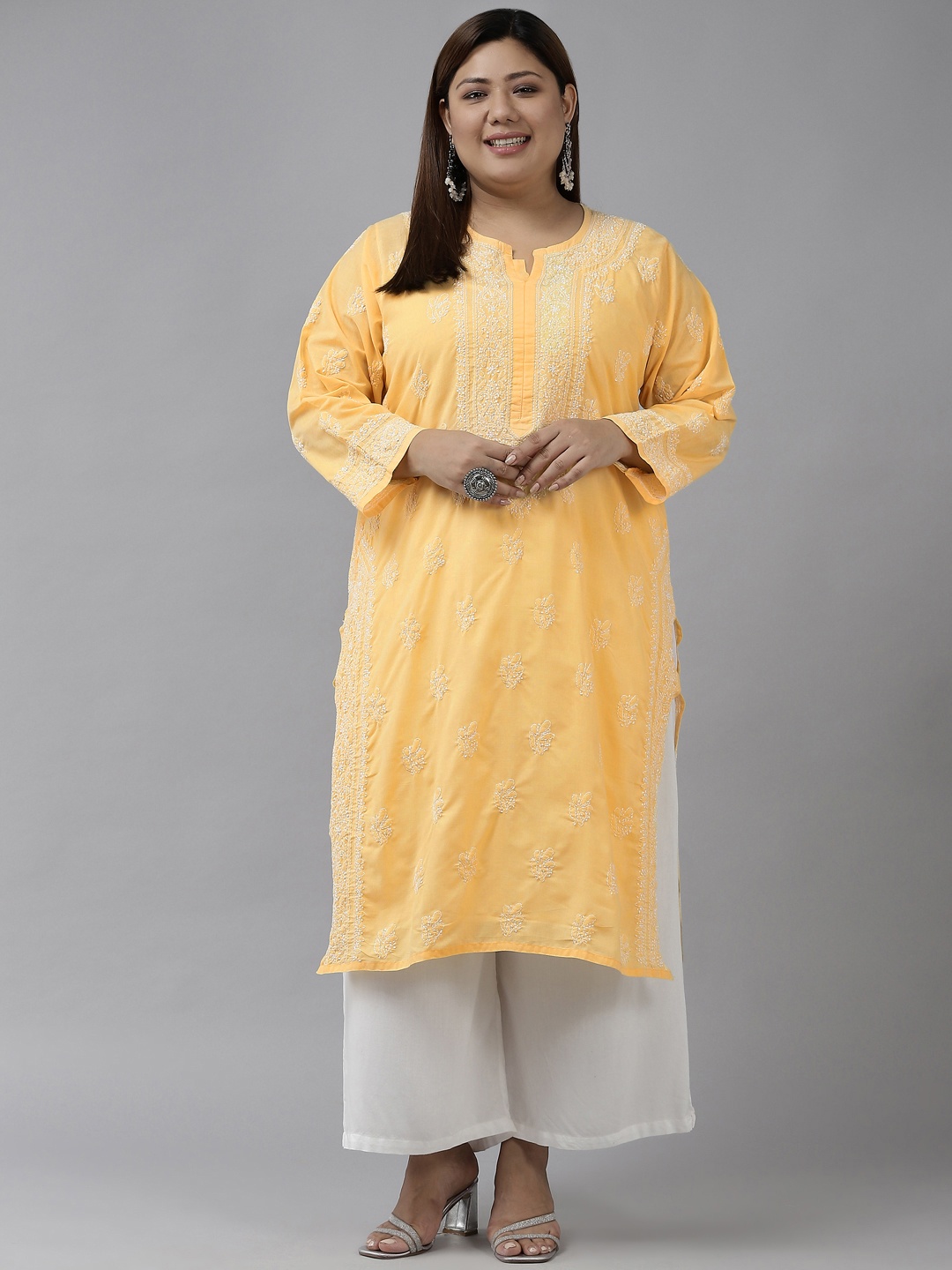 

ADA Women Yellow & White Ethnic Motifs Embroidered Plus Size Chikankari Kurta