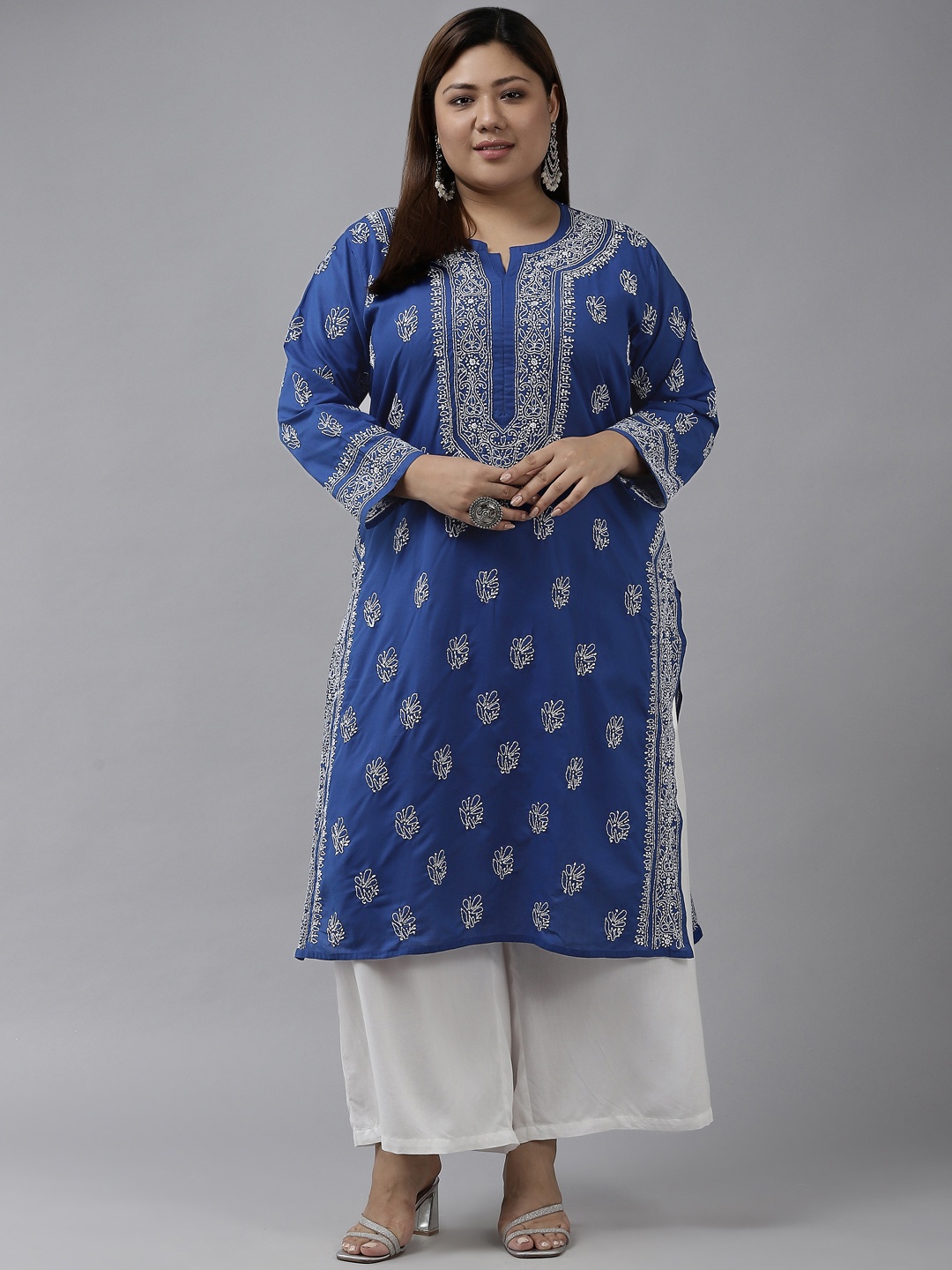 

ADA Women Blue Ethnic Motifs Embroidered Plus Size Chikankari Kurta