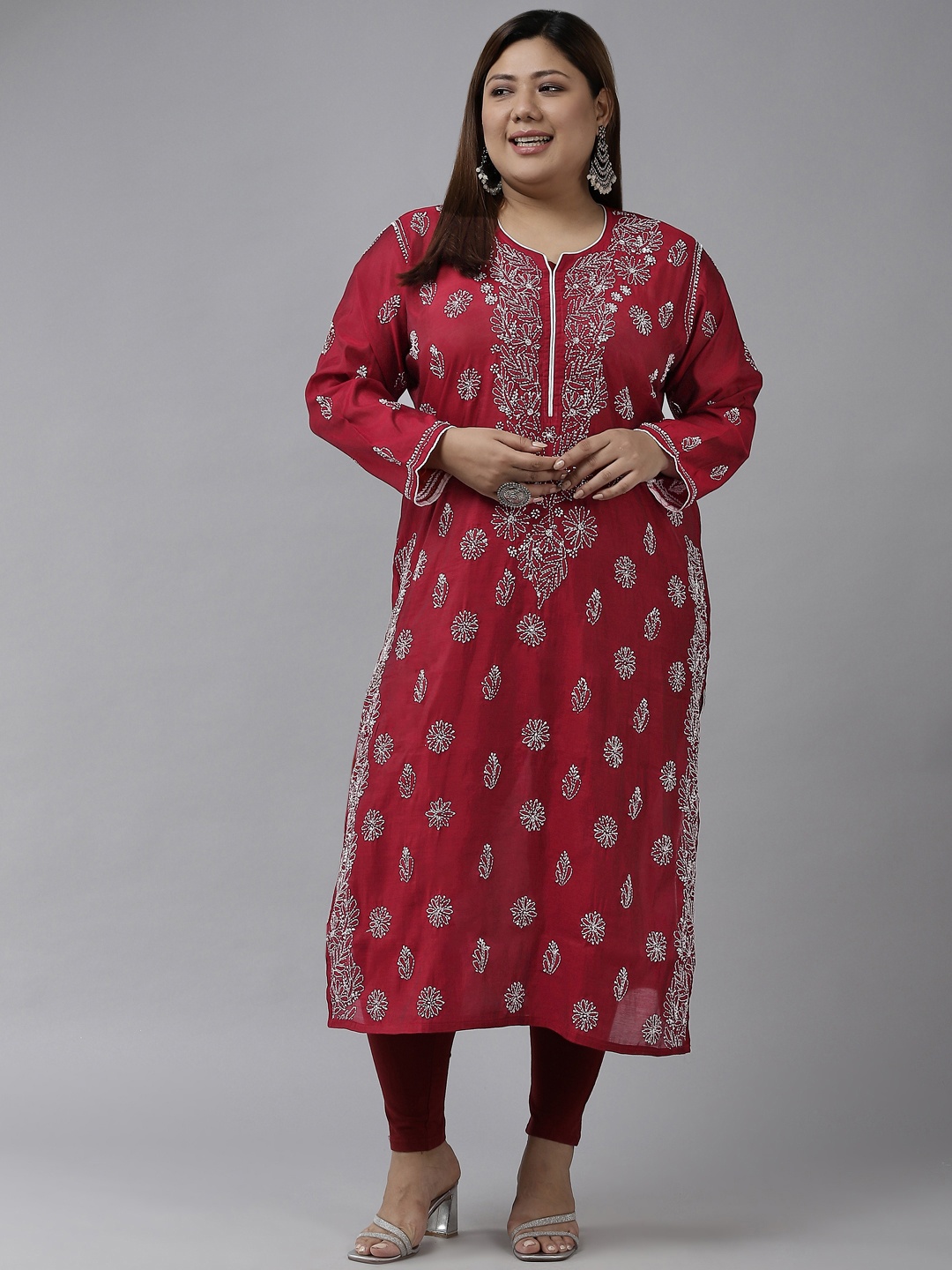 

ADA Women Maroon & White Ethnic Motifs Embroidered Chikankari Kurta