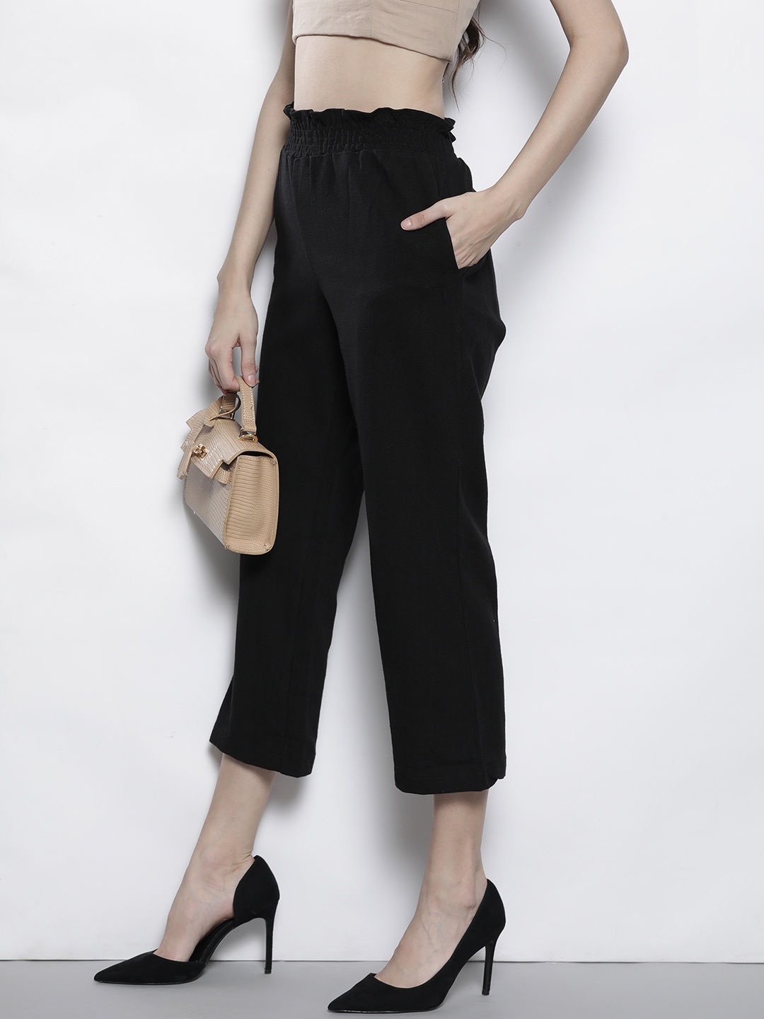 

Trendyol Women Black High-Rise Pleated Pure Cotton Trousers