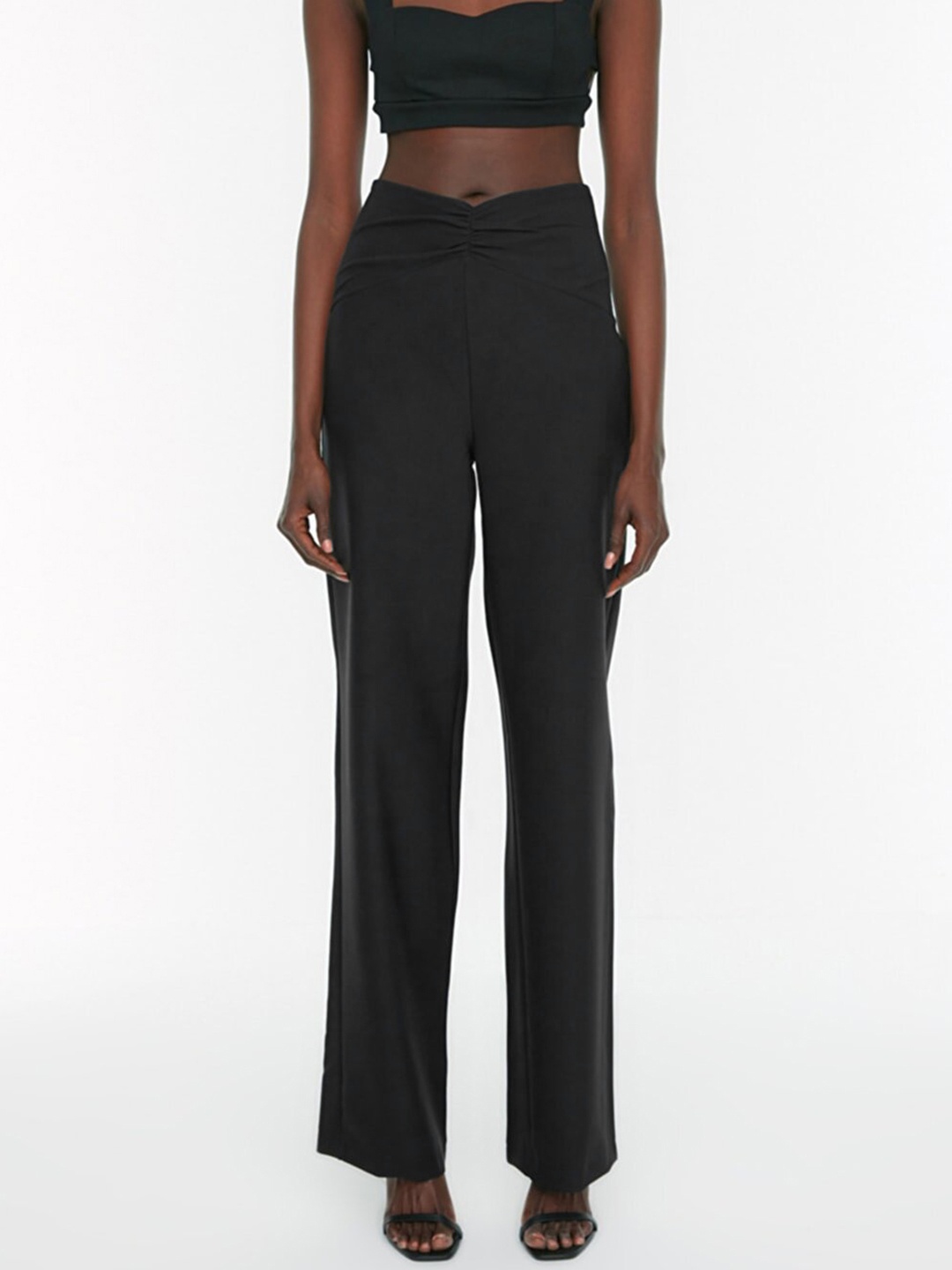 

Trendyol Women Black Solid Pleated Trousers