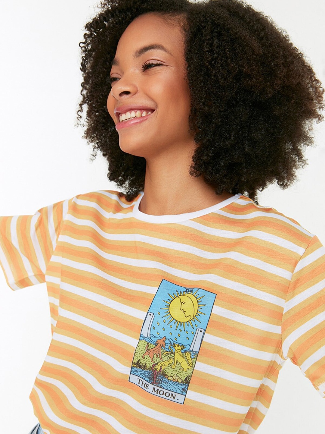 

Trendyol Women Orange & White Striped Graphic Printed Oversized T-shirt
