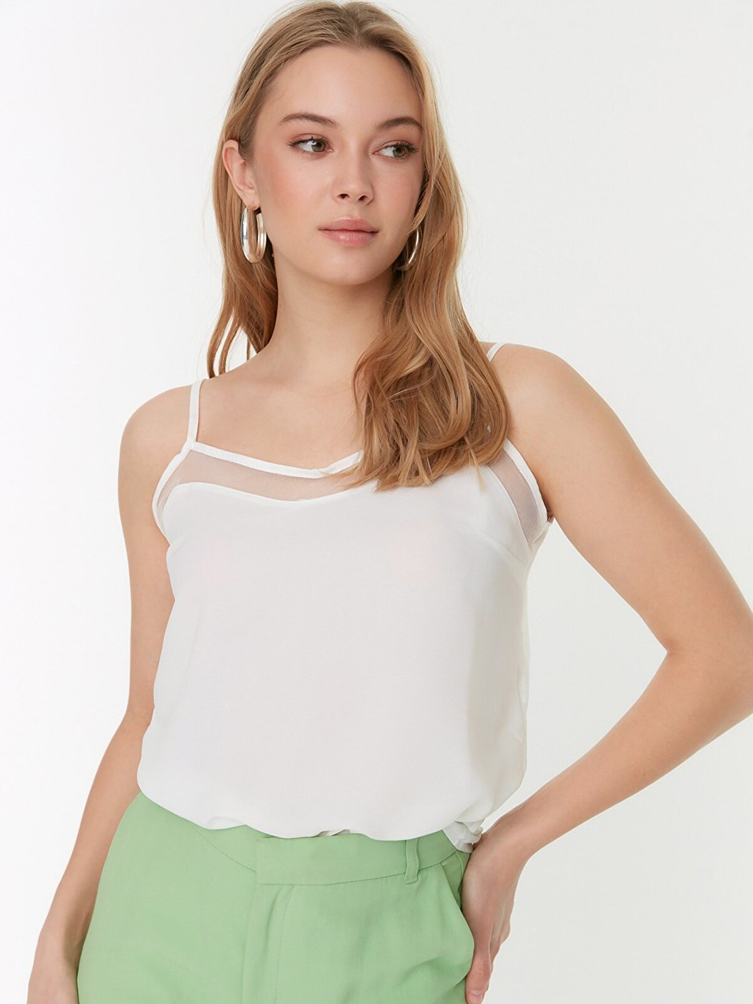 

Trendyol Off White Solid Semi-Sheer Top