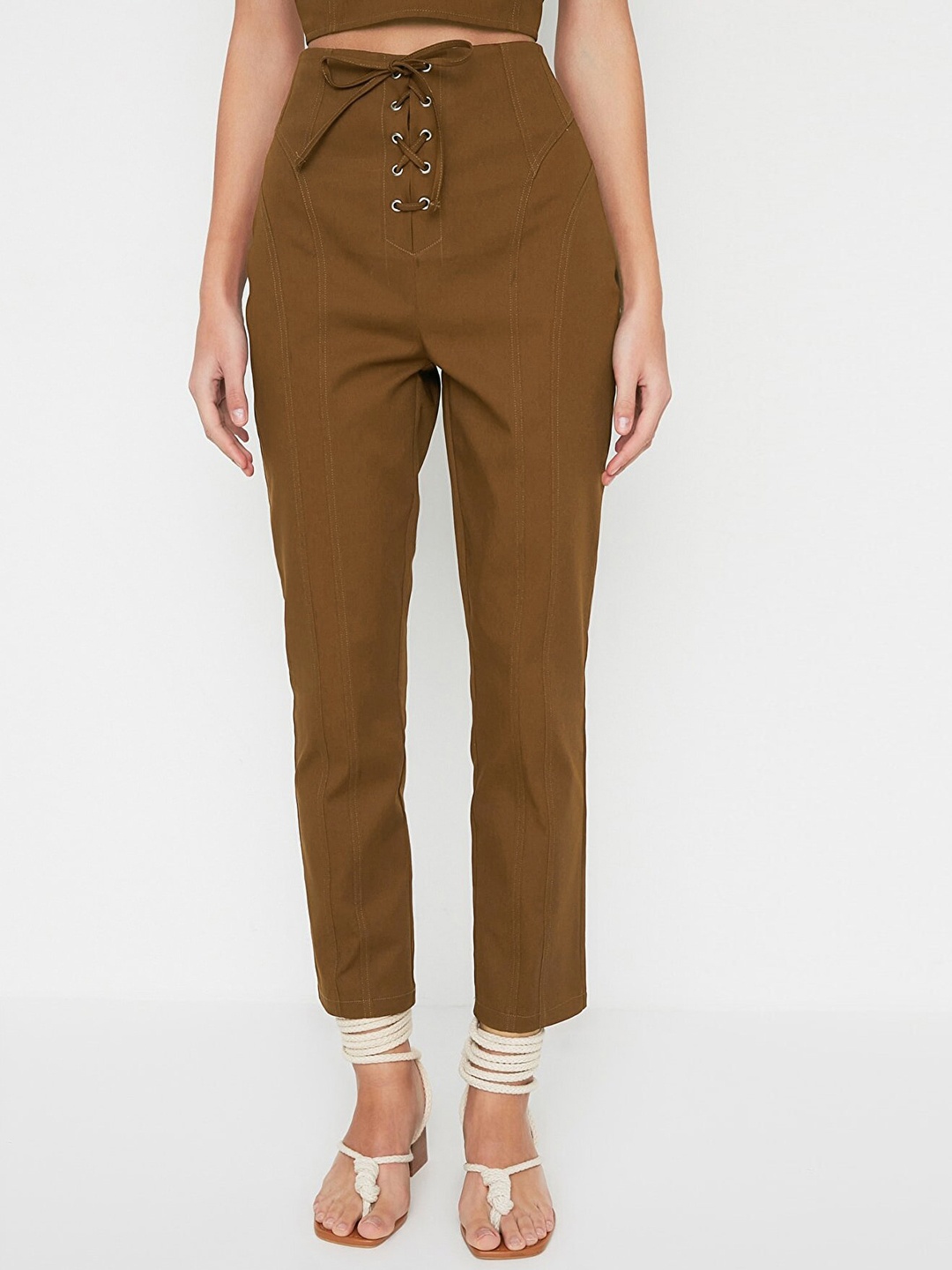 

Trendyol Women Brown Solid Pleated Trousers