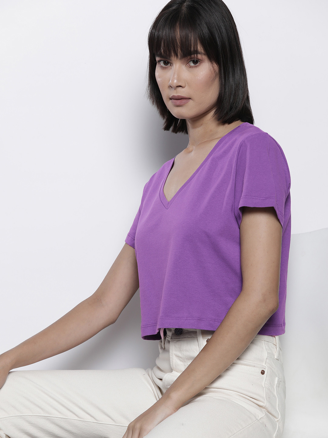 

Trendyol Women Purple Pure Cotton Solid V-Neck T-shirt