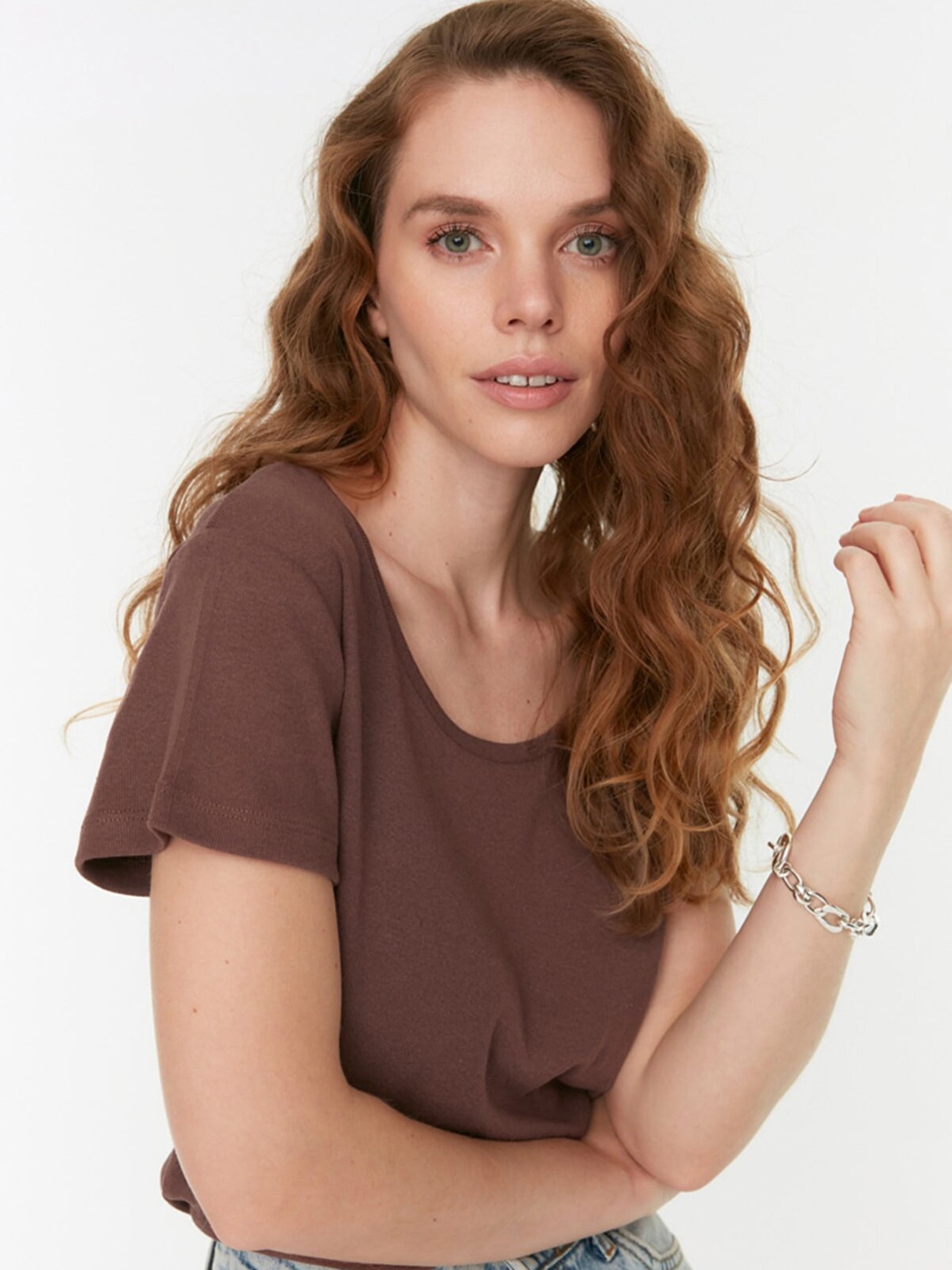 

Trendyol Women Brown Solid Pure Cotton T-shirt