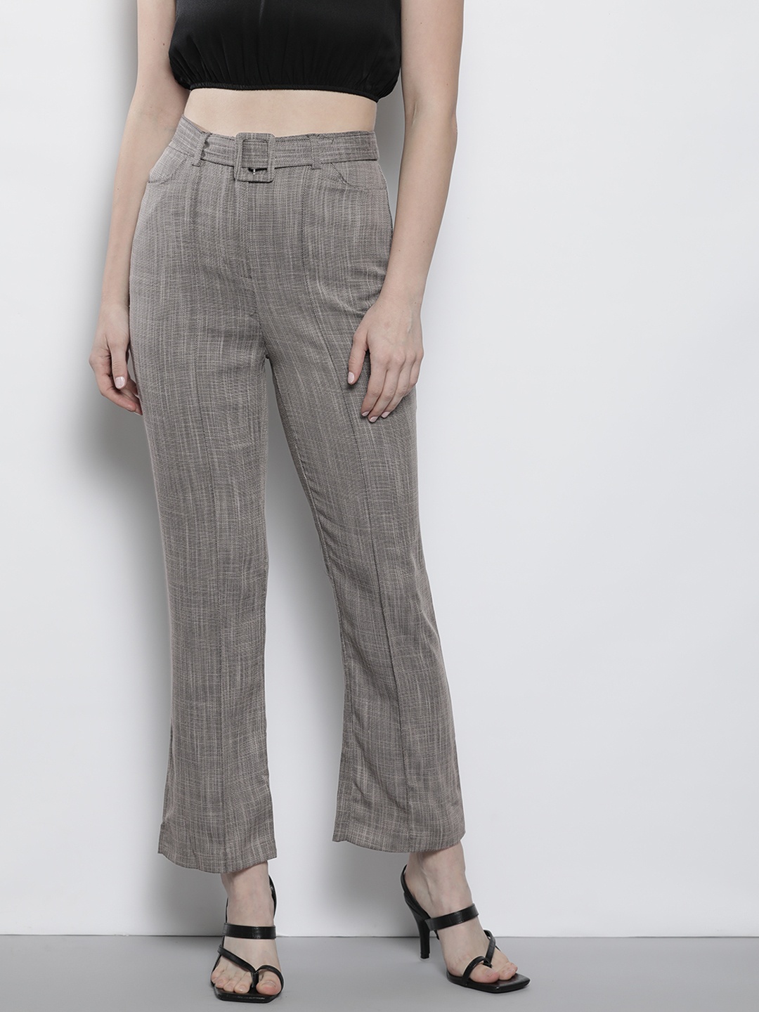 

Trendyol Women Charcoal Grey Checked Trousers With Belt