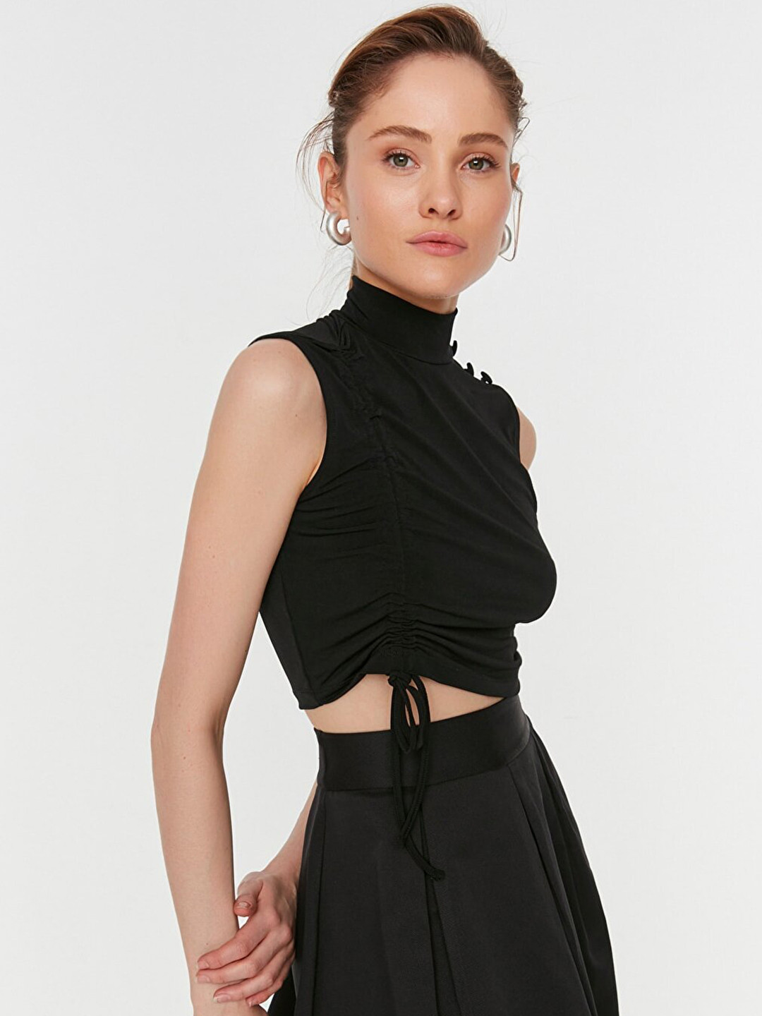 

Trendyol Women Black Solid Ruched Crop Top