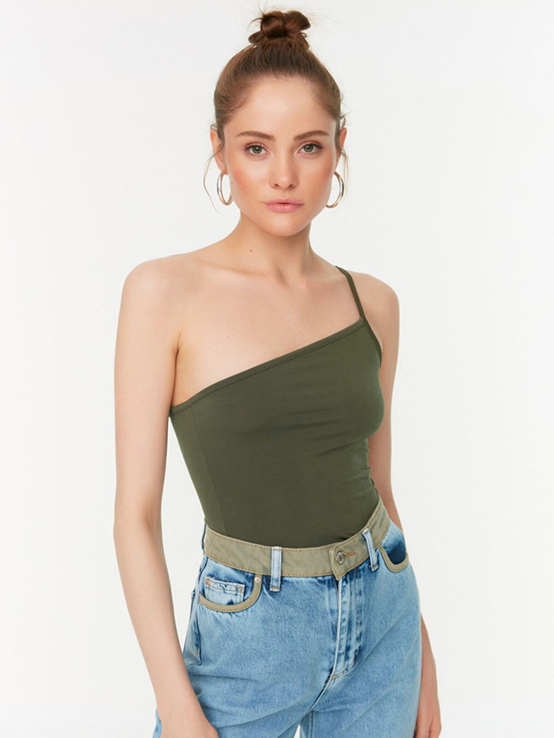 

Trendyol Olive Green One-Shoulder Fitted Top