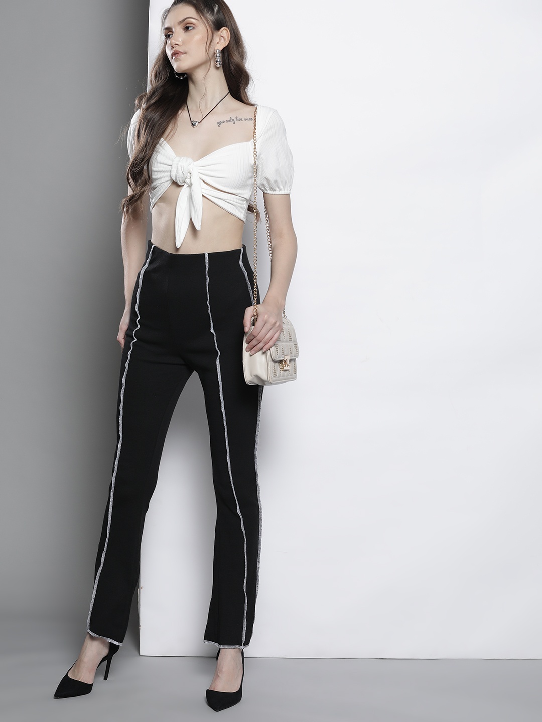 

Trendyol Women Black & White Stitch Detail High-Rise Trousers