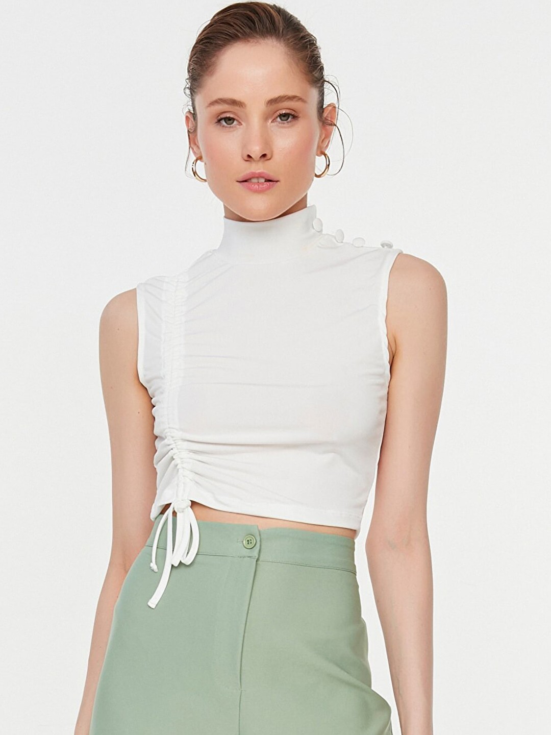 

Trendyol Women Off White Solid Ruched Crop Top