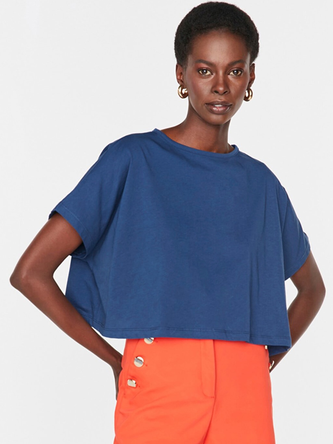 

Trendyol Women Blue Relaxed Fit Pure Cotton T-shirt