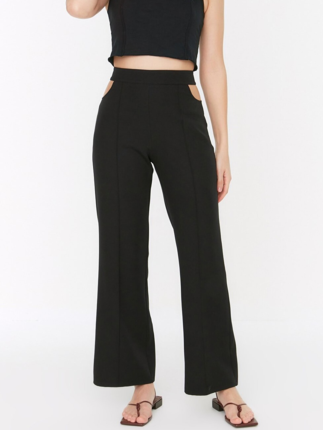 

Trendyol Women Black High-Rise Cut out Detail Wide Leg Trousers