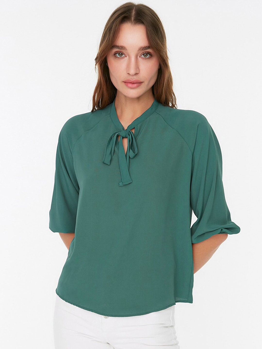 

Trendyol Teal Green Solid Tie-Up Neck Top