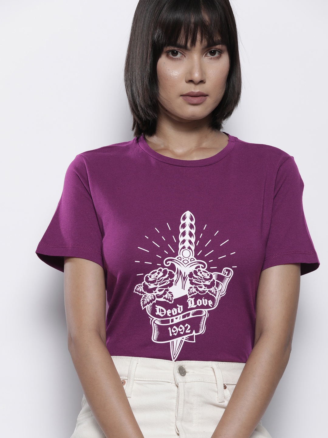 

Trendyol Women Purple & White Pure Cotton Graphic Printed T-shirt