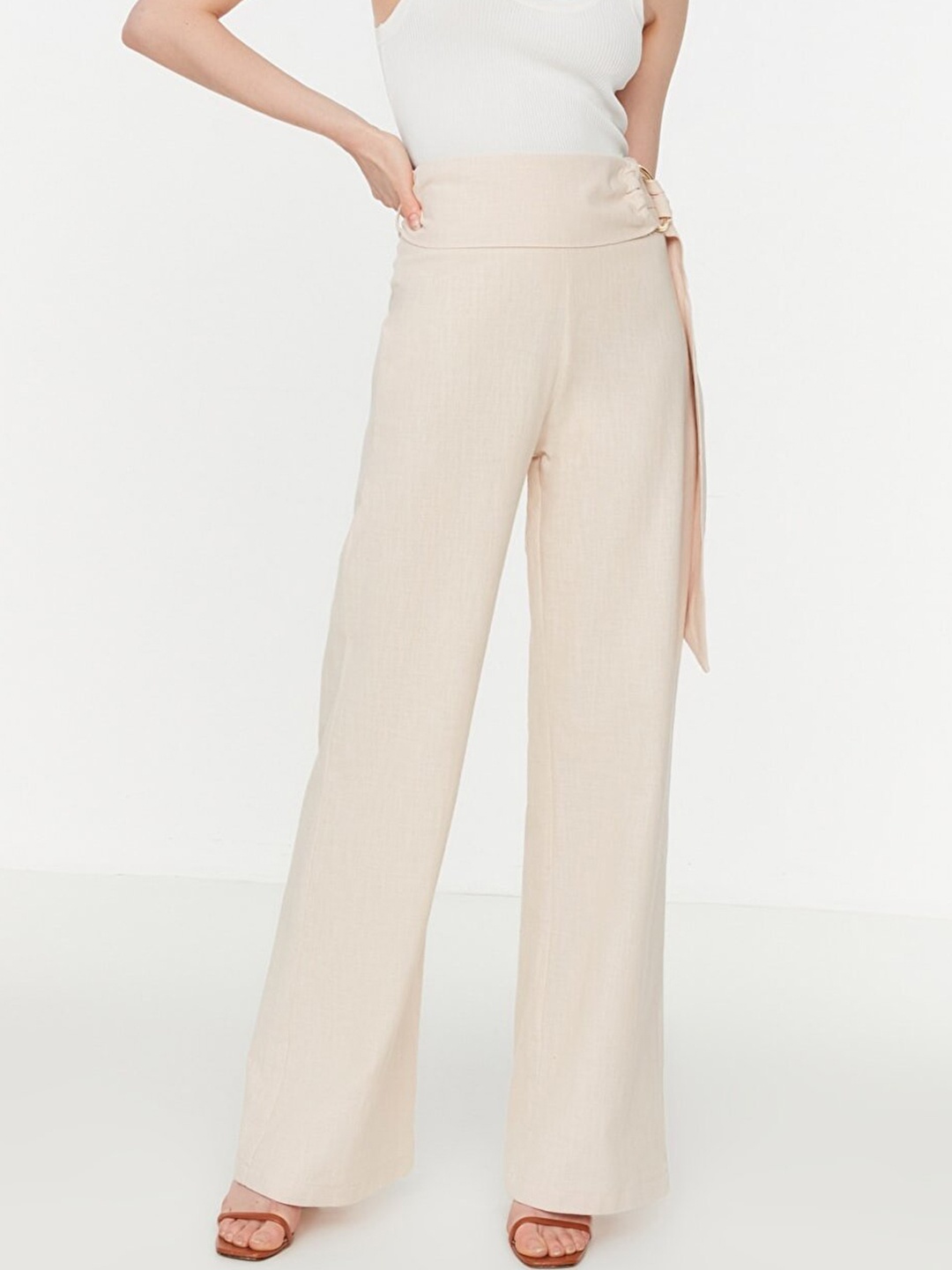 

Trendyol Women Off White Solid Cotton Trousers