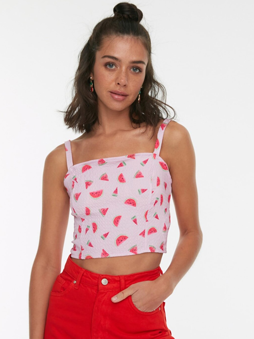

Trendyol Pink & Red Printed Crop Top