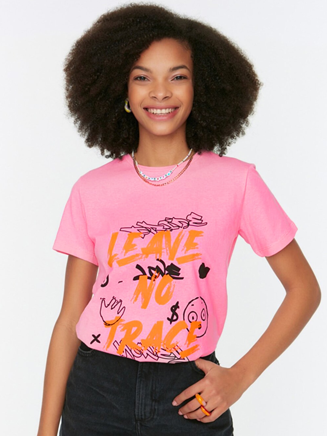 

Trendyol Women Pink & Orange Typography Printed Pure Cotton T-shirt